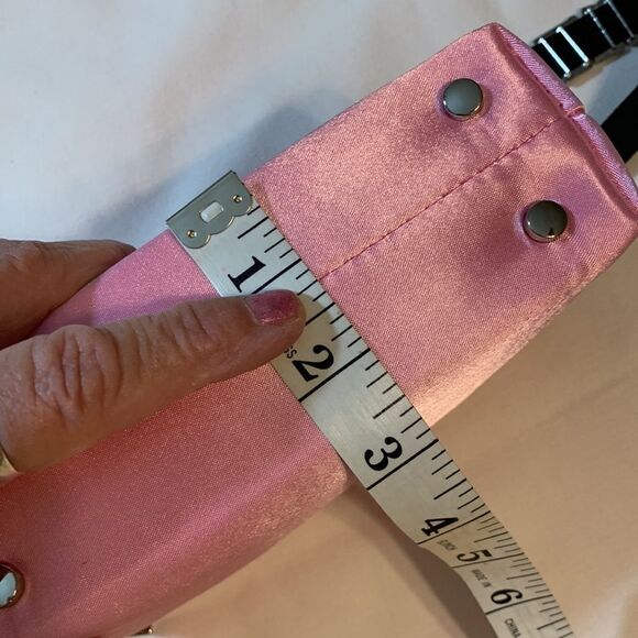 Truly small handbag/clutch.  Pink satin with rhinestone letters on black strap - Picture 5 of 8